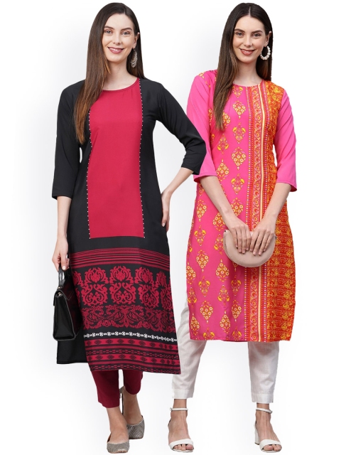 

KALINI Women Pack of 2 Red & Pink Printed Crepe Kurta