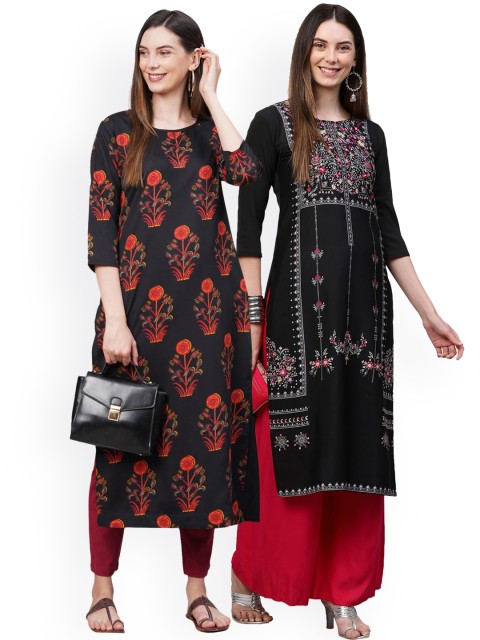 

KALINI Women Pack of 2 Black Floral Printed Crepe Kurta
