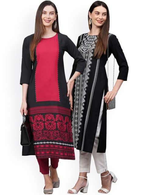 

KALINI Women Pack of 2 Black & Pink Printed Crepe Kurta