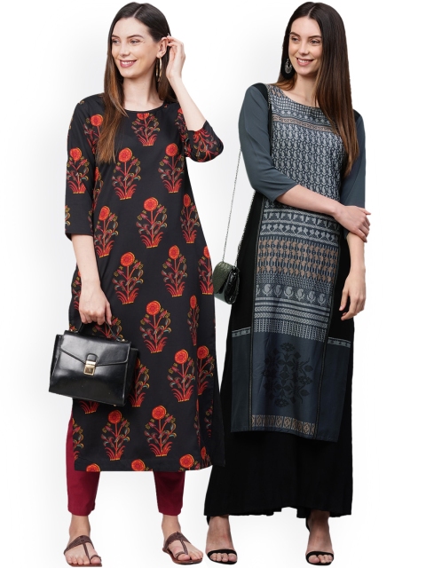 

KALINI Women Pack of 2 Black Floral Printed Crepe Kurta