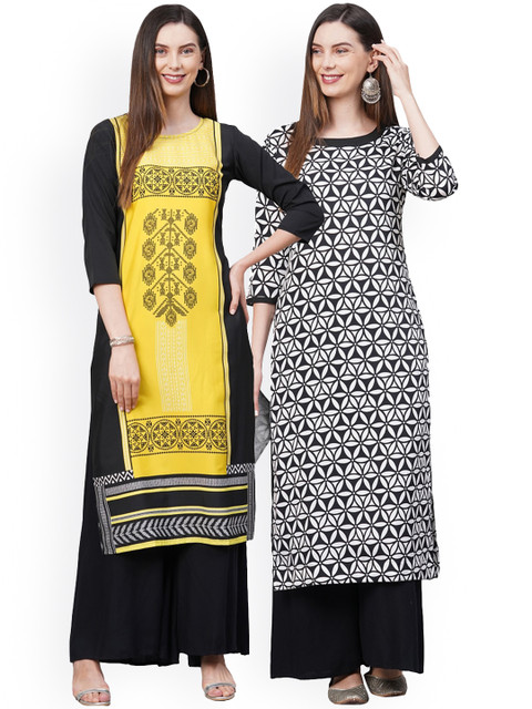 

KALINI Women Pack of 2 Yellow & Black Printed Crepe Kurta