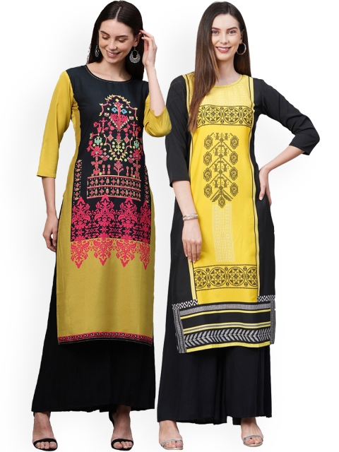 

KALINI Women Pack of 2 Yellow Printed Crepe Kurta