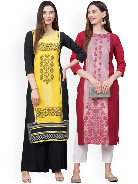 

KALINI Women Pack of 2 Yellow & Red Printed Crepe Kurta