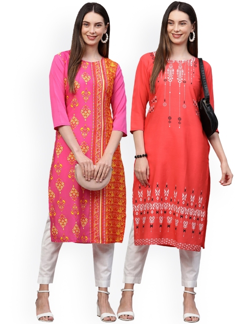 

KALINI Women Pack of 2 Pink Printed Crepe Kurta