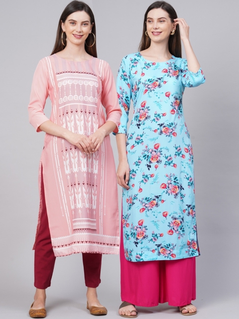 

KALINI Women Pack of 2 Pink & Blue Floral Printed Crepe Kurta
