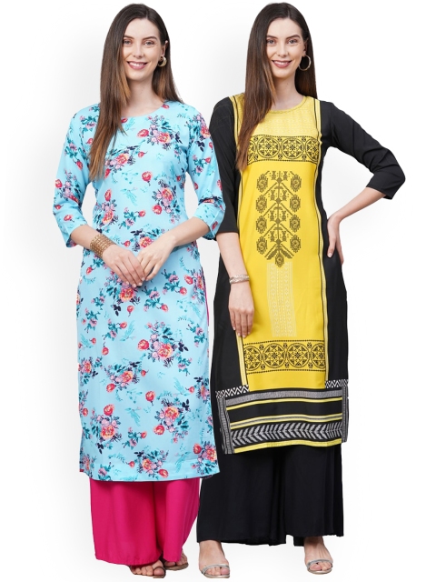 

KALINI Women Pack of 2 Blue & Yellow Floral Printed Crepe Kurta