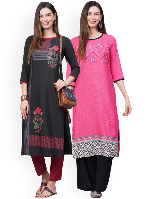

KALINI Women Pack of 2 Pink & Black Printed Crepe Kurta