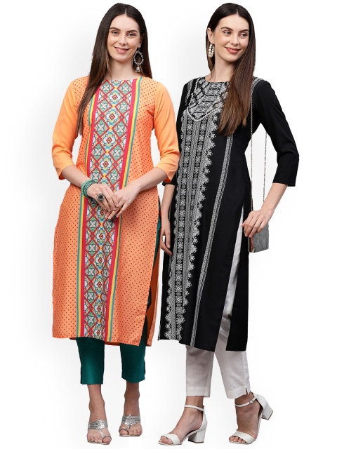 

KALINI Women Pack of 2 Orange & Black Printed Crepe Kurta