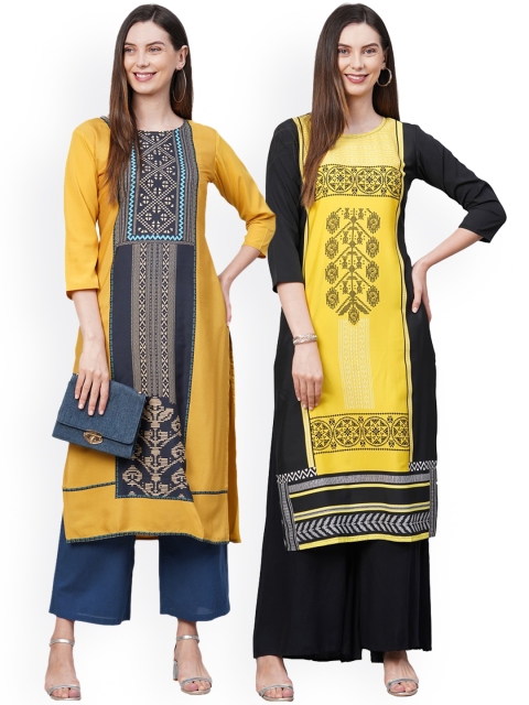

KALINI Women Pack of 2 Yellow & Blue Printed Crepe Kurta