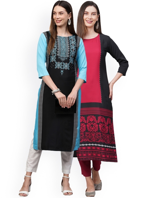 

KALINI Women Pack of 2 Black & Pink Printed Gotta Patti Crepe Kurta