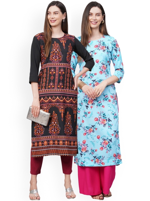 

KALINI Women Pack of 2 Black & Blue Floral Printed Crepe Kurta