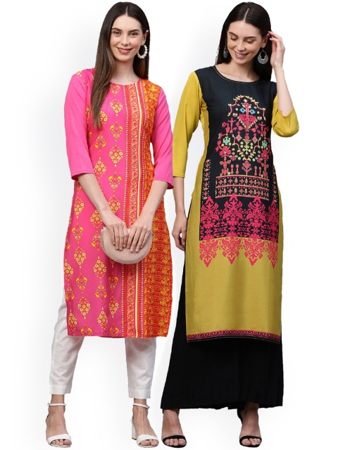 

KALINI Women Pack of 2 Pink & Green Printed Crepe Kurta