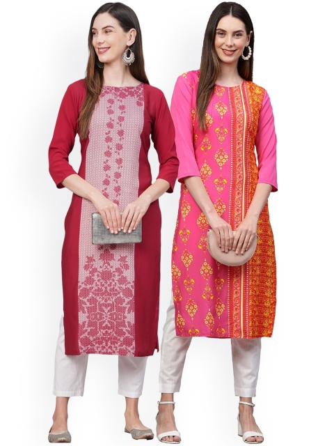 

KALINI Women Pack of 2 Pink & Red Printed Crepe Kurta