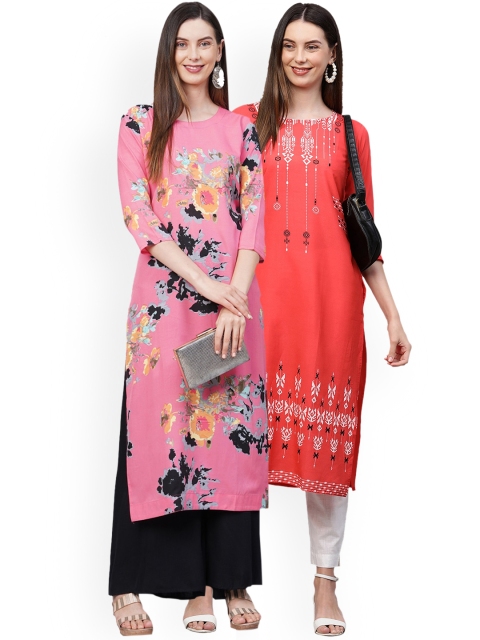 

KALINI Women Pack of 2 Pink & Coral Floral Printed Crepe Kurta