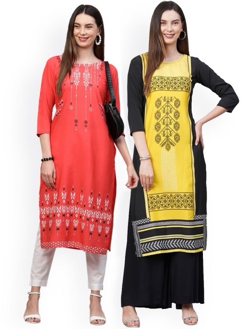 

KALINI Women Pack of 2 Coral Pink & Yellow Printed Crepe Kurta