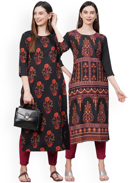 

KALINI Women Pack of 2 Black Floral Printed Crepe Kurta