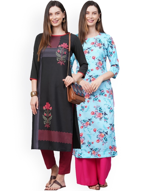 

KALINI Women Pack of 2 Black & Blue Floral Printed Crepe Kurta