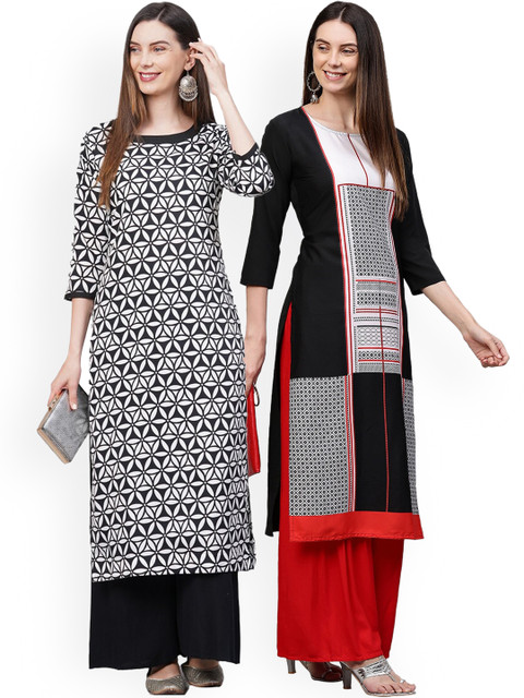 

KALINI Women Pack of 2 Black & White Printed Crepe Kurta