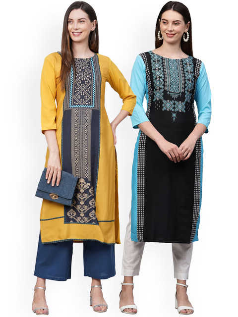 

KALINI Women Pack of 2 Yellow & Blue Printed Crepe Kurta