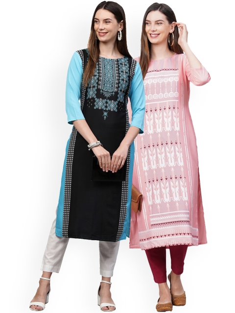 

KALINI Women Pack of 2 Black & Pink Printed Crepe Kurta