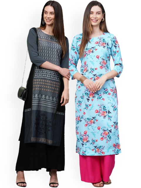 

KALINI Women Pack of 2 Blue & Grey Floral Printed Crepe Kurta