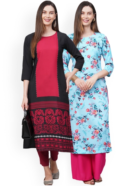 

KALINI Women Pack of 2 Blue & Black Floral Printed Crepe Kurta