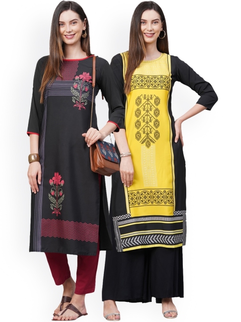 

KALINI Women Pack of 2 Black & Yellow Printed Crepe Kurta