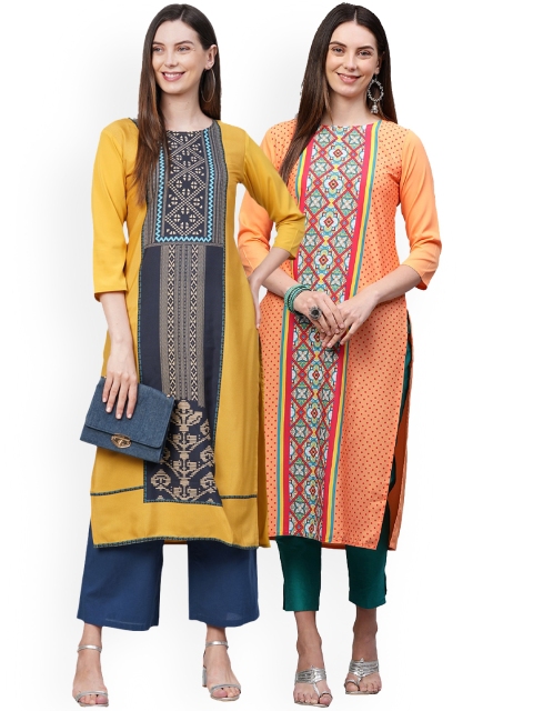 

KALINI Women Pack of 2 Yellow & Orange Printed Crepe Kurta