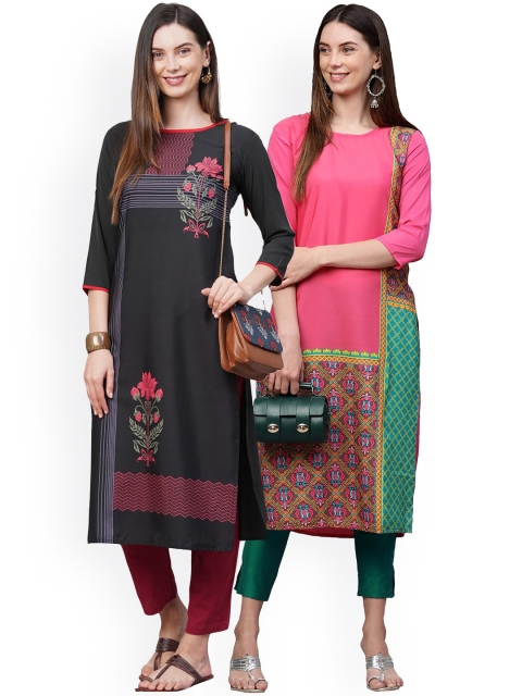 

KALINI Women Pack of 2 Black & Pink Printed Crepe Kurta