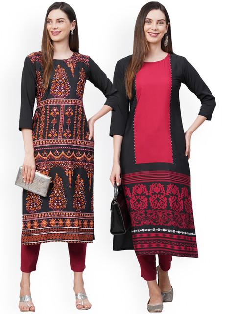 

KALINI Women Pack of 2 Black & Red Printed Crepe Kurta
