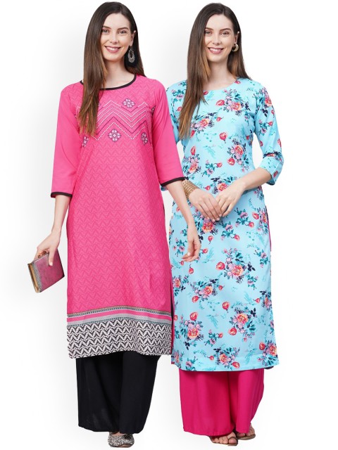 

KALINI Women Pack of 2 Pink & Blue Floral Printed Crepe Kurta