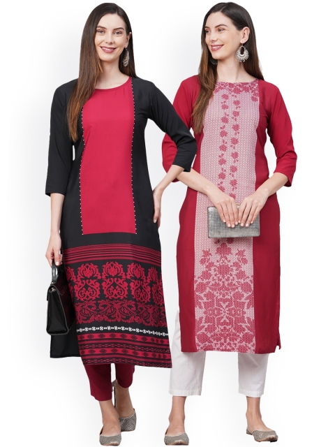 

KALINI Women Pack of 2 Black & Pink Printed Crepe Kurta