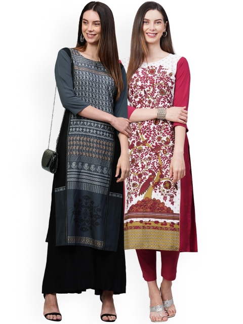 

KALINI Women Pack of 2 Grey & Cream-Coloured Printed Crepe Kurta