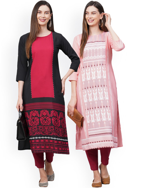 

KALINI Women Pack of 2 Pink & Black Printed Crepe Kurta