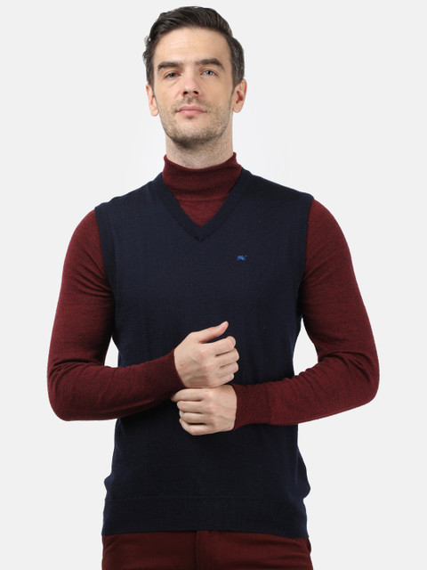 

Monte Carlo Men Navy Blue Solid Pure Wool Sleeveless Sweater Vest