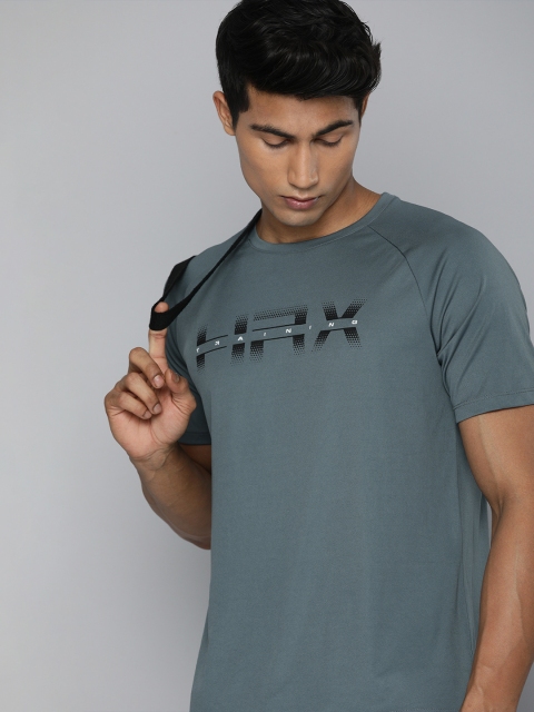 

HRX By Hrithik Roshan Men Grey & Black Rapid-Dry Brand Carrier Training Tshirts