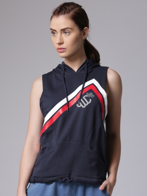 

YWC Women Navy Printed Hooded Sleeveless Sweatshirt, Navy blue