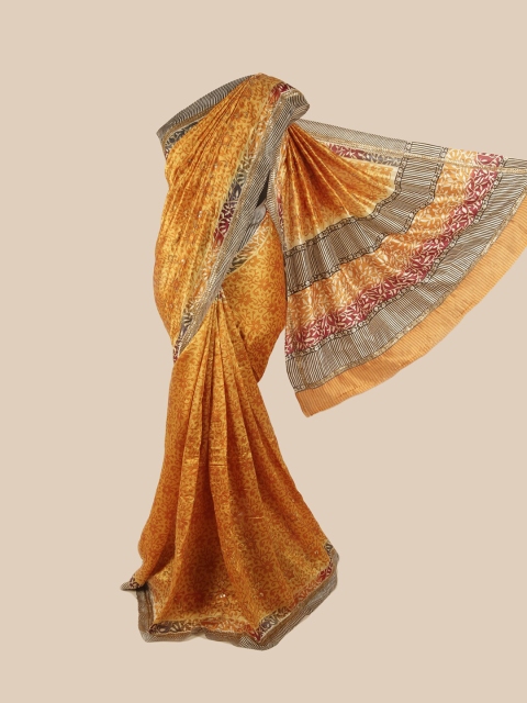 

Pothys Yellow & Brown Floral Zari Pure Silk Saree