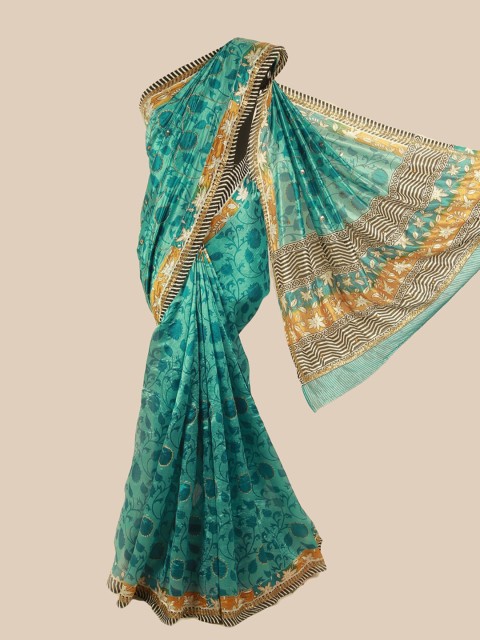 

Pothys Blue & Gold-Toned Floral Sequinned Pure Silk Saree