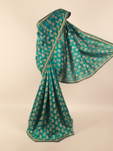 

Pothys Teal & Gold-Toned Ethnic Motifs Zari Pure Silk Saree