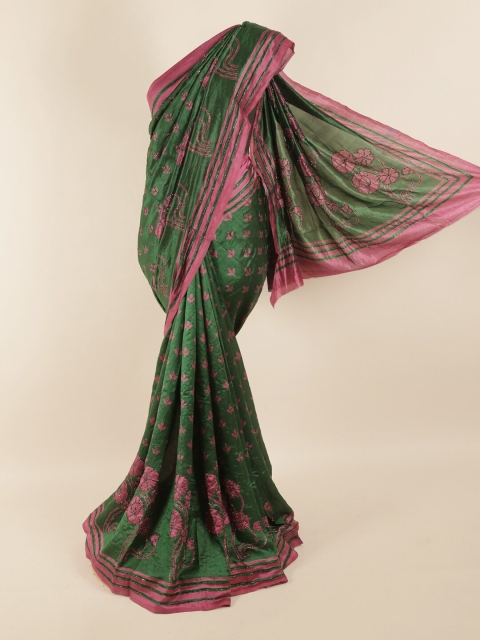 

Pothys Green & Pink Floral Beads and Stones Pure Silk Saree
