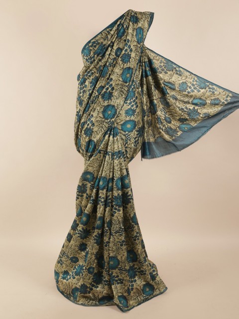 

Pothys Cream-Coloured & Blue Floral Pure Silk Saree