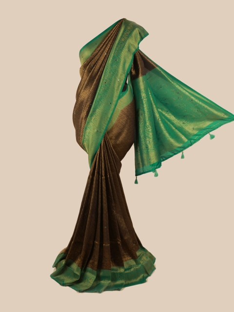 

Pothys Brown & Green Ethnic Motifs Mirror Work Pure Silk Saree