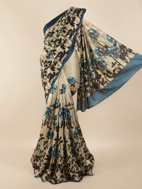 

Pothys Cream-Coloured & Black Floral Zari Pure Silk Saree