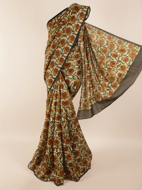 

Pothys Cream-Coloured & Orange Floral Zari Pure Silk Saree