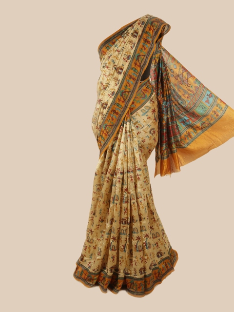 

Pothys Cream-Coloured & Orange Ethnic Motifs Zari Pure Silk Saree