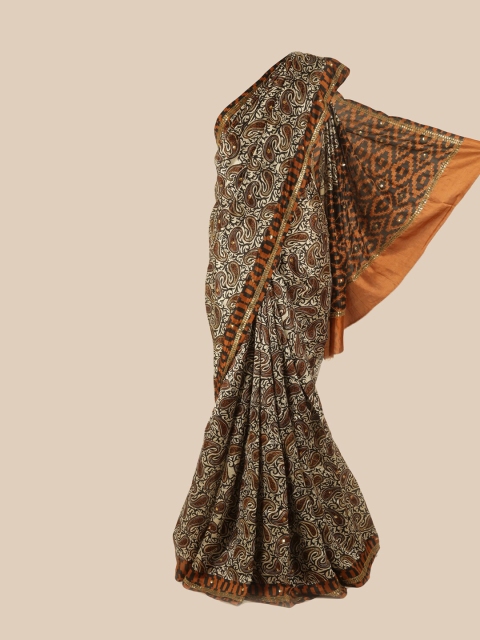 

Pothys Cream-Coloured & Black Floral Sequinned Pure Silk Saree