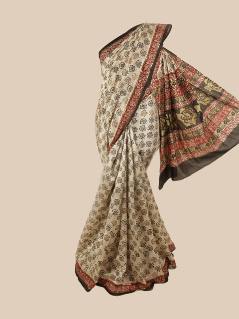 

Pothys Cream-Coloured & Maroon Floral Sequinned Pure Silk Saree