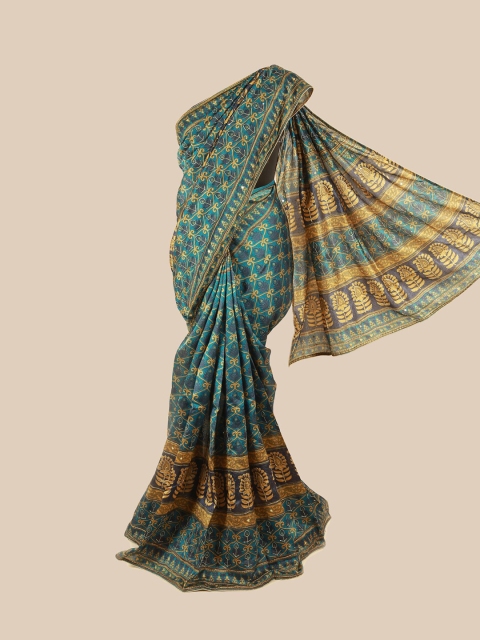 

Pothys Blue & Orange Floral Zari Pure Silk Saree