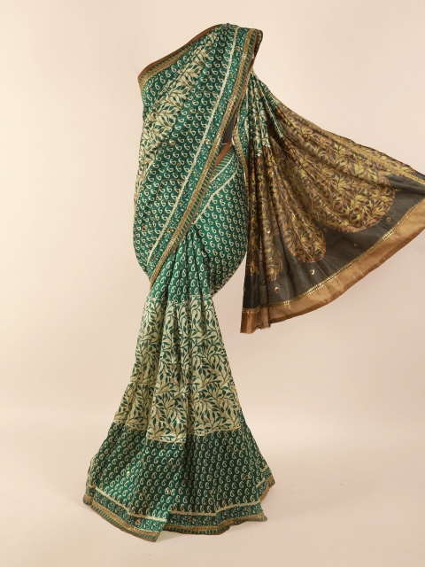 

Pothys Green & Brown Floral Zari Pure Silk Saree
